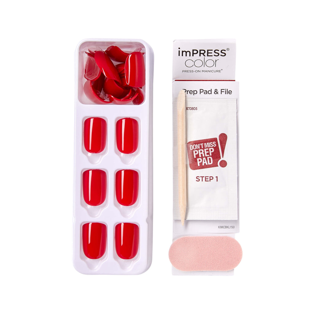 KISS imPRESS  Press on Nails, Reddy or Not, Red, Short Squoval, 30 Count