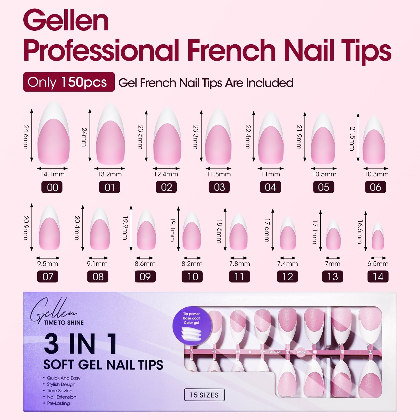 Gellen French Tips Press on Nails - 150 Pcs Pink Almond, Salon Acrylic Press on Nails Soft Gel Nail Tips, 15 Sizes Fake Nails 3 in 1 Pre-french French Tips Full Cover Tips for Nail Art
