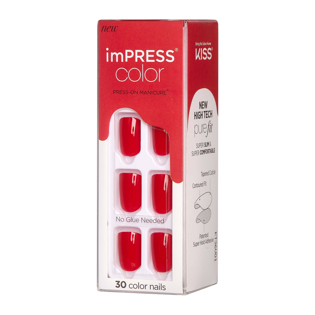 KISS imPRESS  Press on Nails, Reddy or Not, Red, Short Squoval, 30 Count