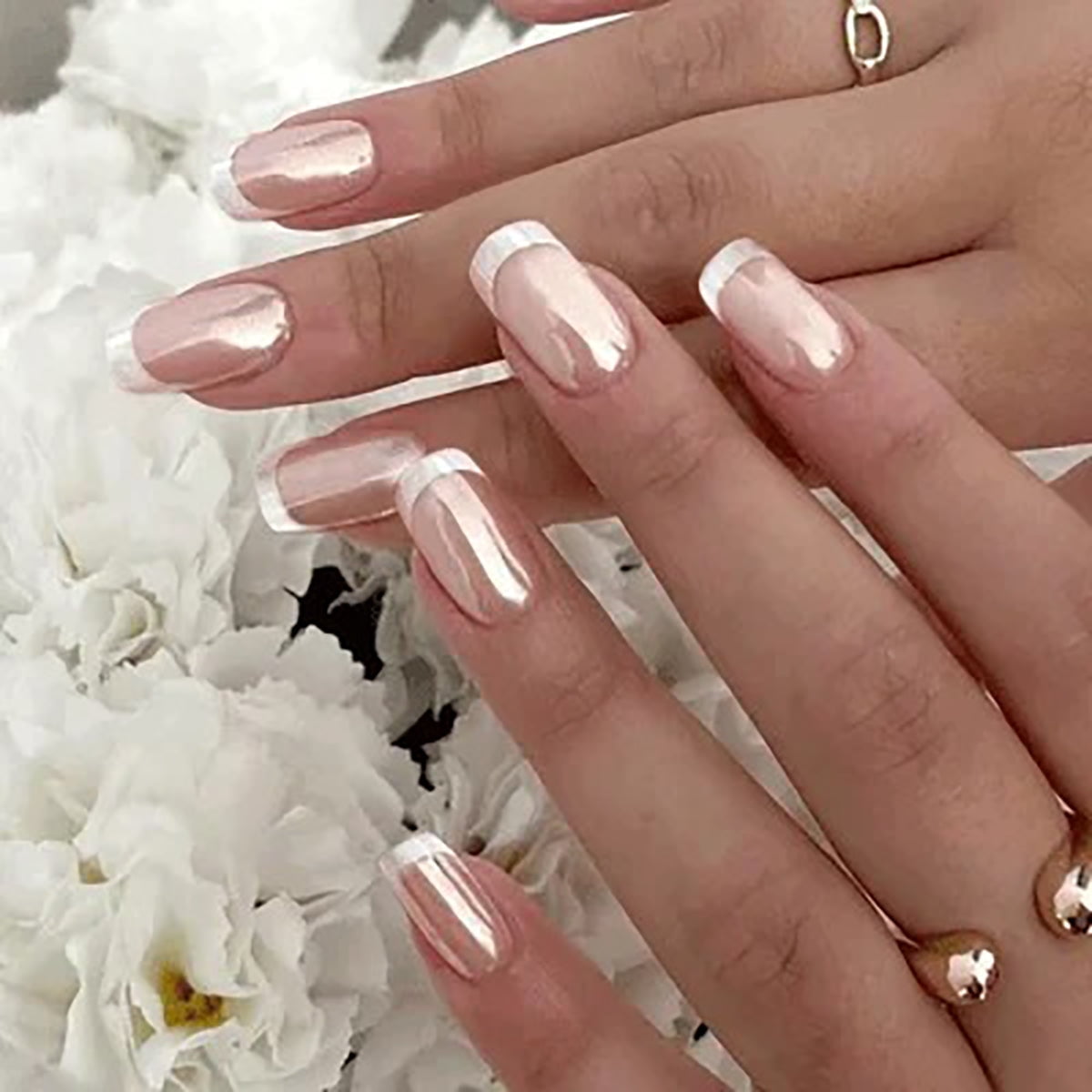 CurvLife Rose Gold French Mirror Press-On Nails 24PCS - Medium Squoval Fake Nails with Mirror Finish, Non-Toxic Reusable Salon Quality Nails