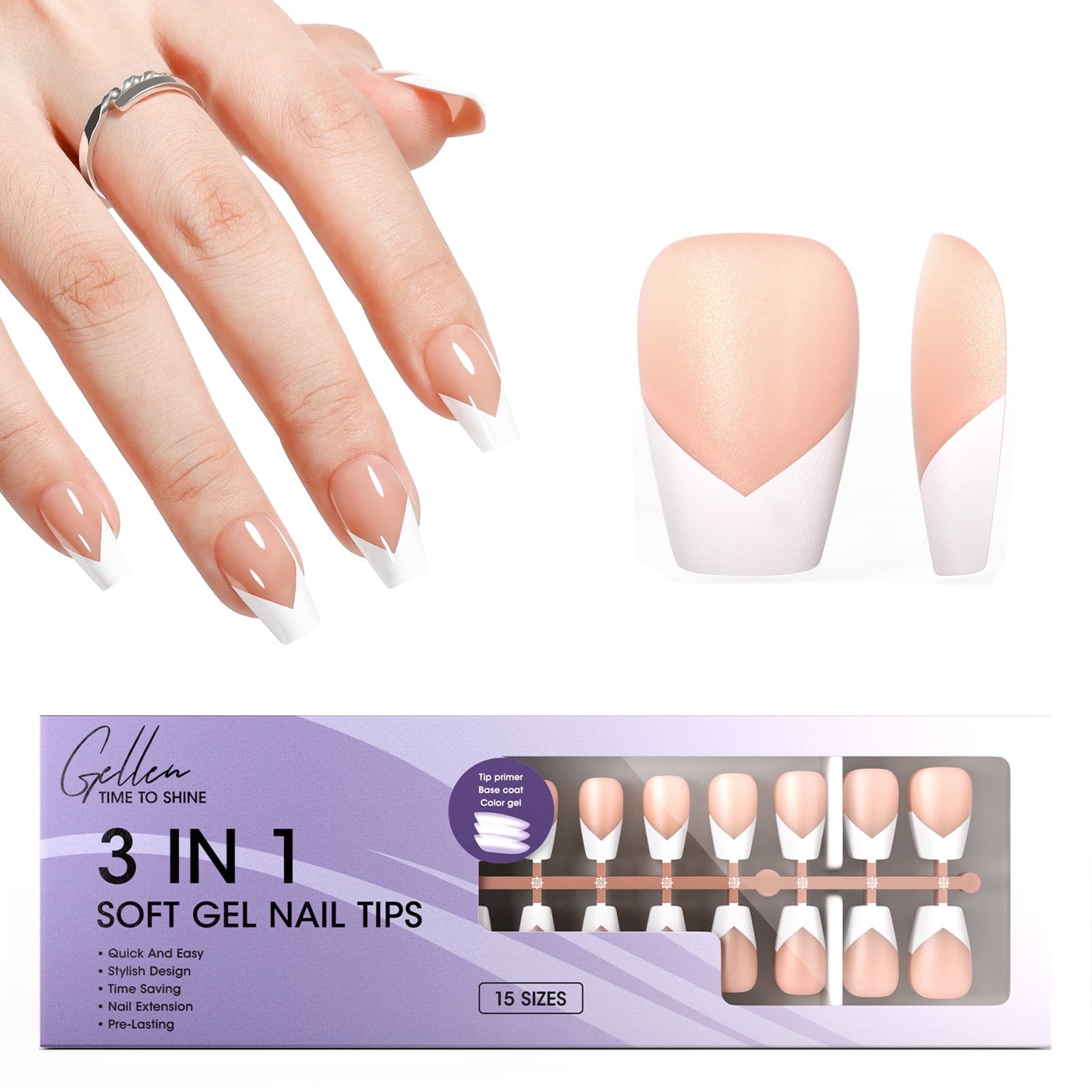 Gellen French Tips Press on Nails - 150 Pcs Pink Almond, Salon Acrylic Press on Nails Soft Gel Nail Tips, 15 Sizes Fake Nails 3 in 1 Pre-french French Tips Full Cover Tips for Nail Art