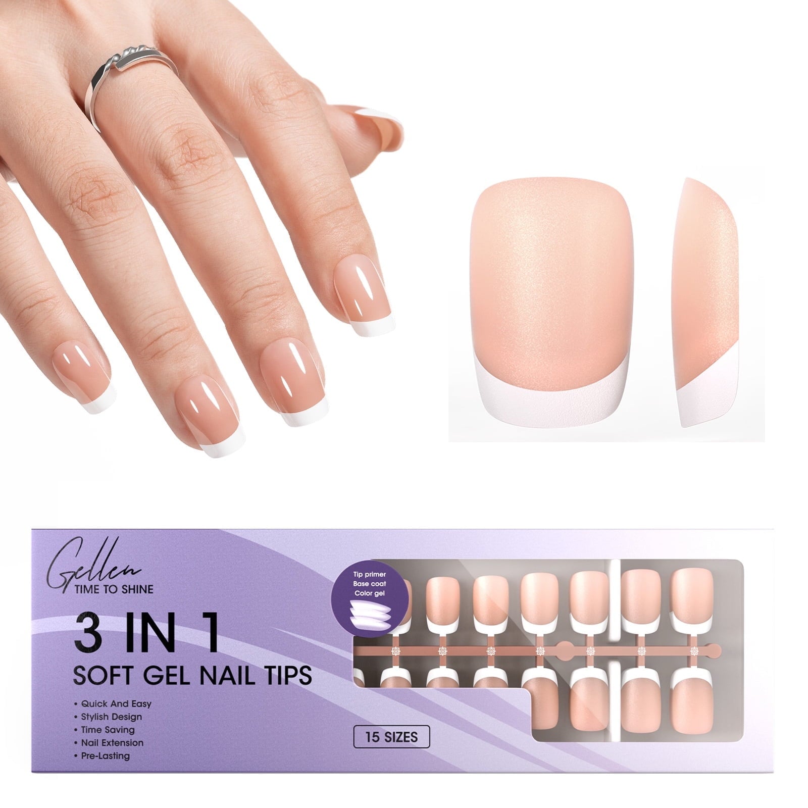 Gellen French Tips Press on Nails - 150 Pcs Pink Almond, Salon Acrylic Press on Nails Soft Gel Nail Tips, 15 Sizes Fake Nails 3 in 1 Pre-french French Tips Full Cover Tips for Nail Art