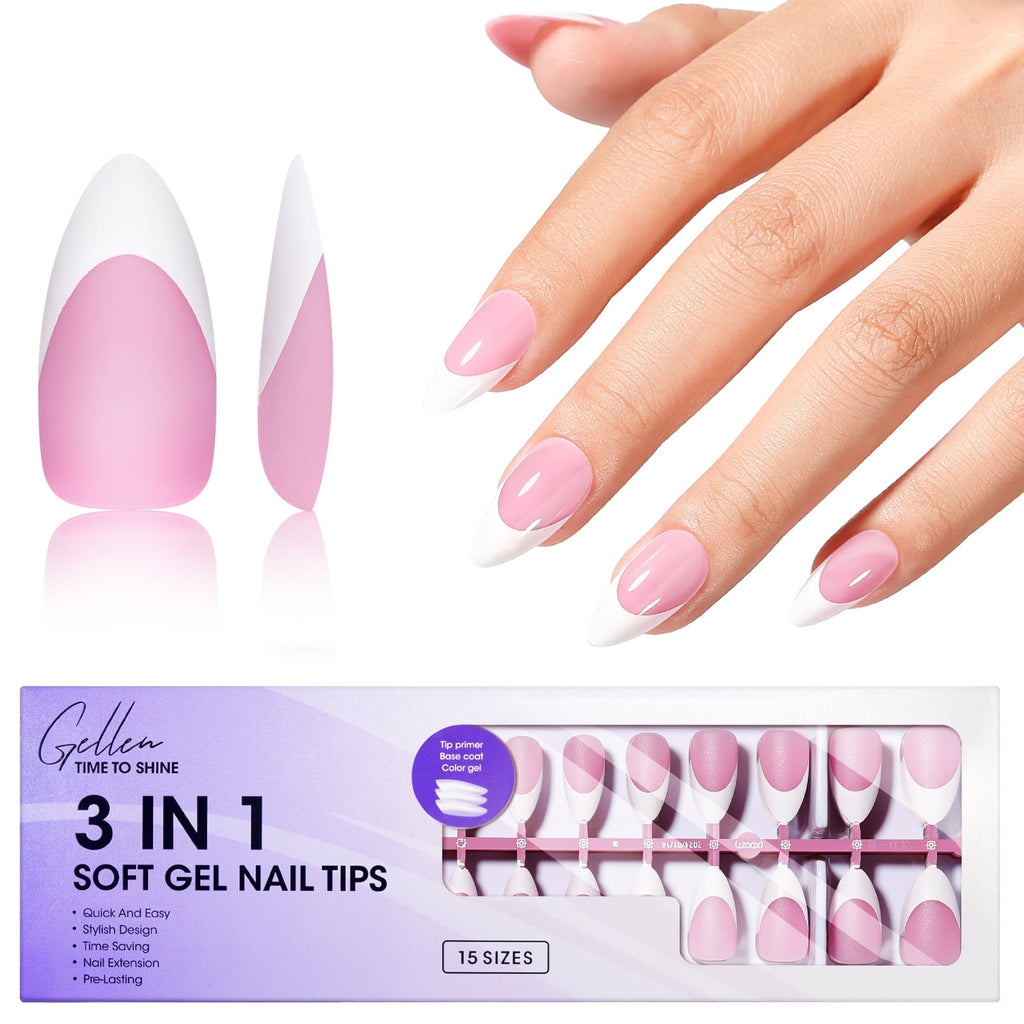 Gellen French Tips Press on Nails - 150 Pcs Pink Almond, Salon Acrylic Press on Nails Soft Gel Nail Tips, 15 Sizes Fake Nails 3 in 1 Pre-french French Tips Full Cover Tips for Nail Art