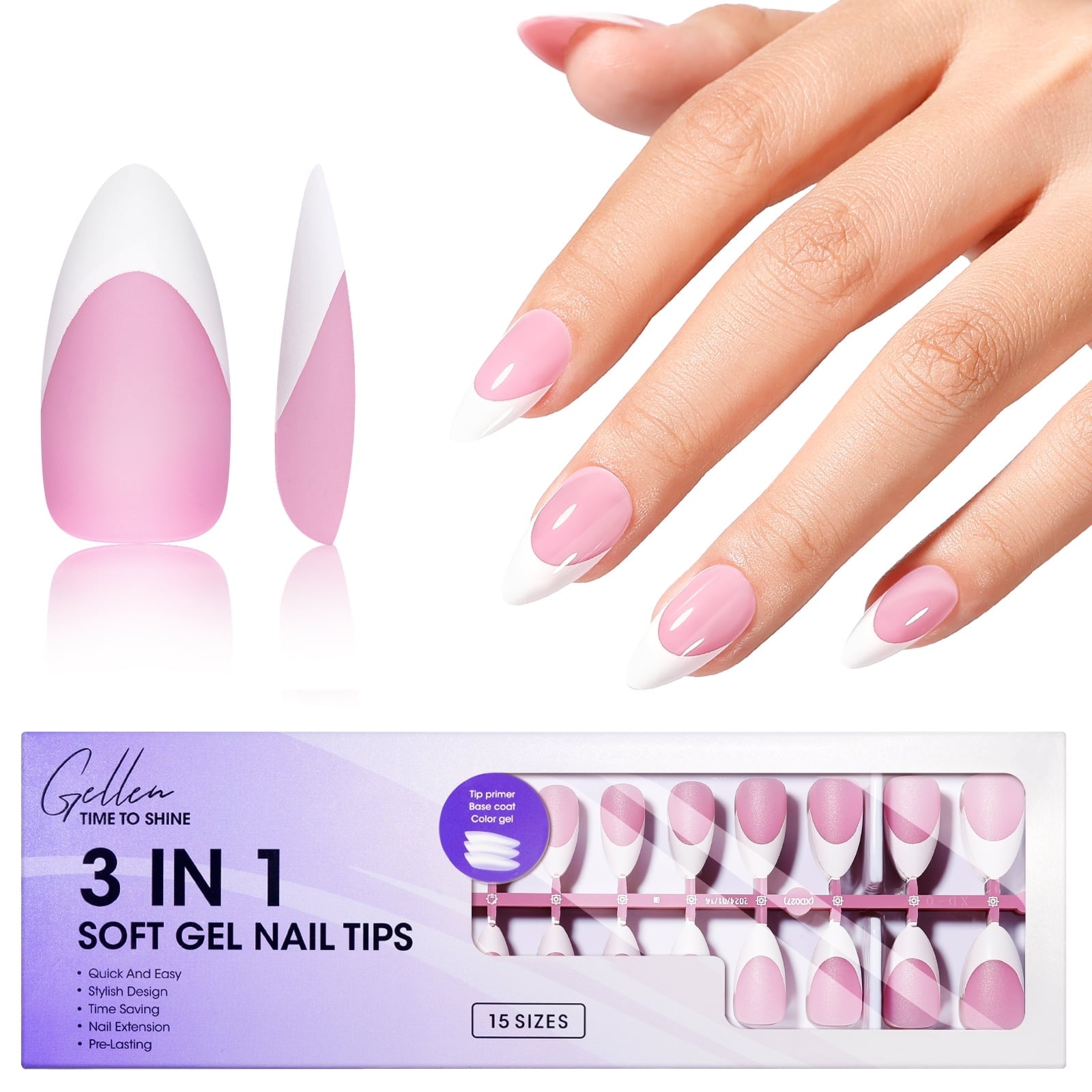 Gellen French Tips Press on Nails - 150 Pcs Pink Almond, Salon Acrylic Press on Nails Soft Gel Nail Tips, 15 Sizes Fake Nails 3 in 1 Pre-french French Tips Full Cover Tips for Nail Art