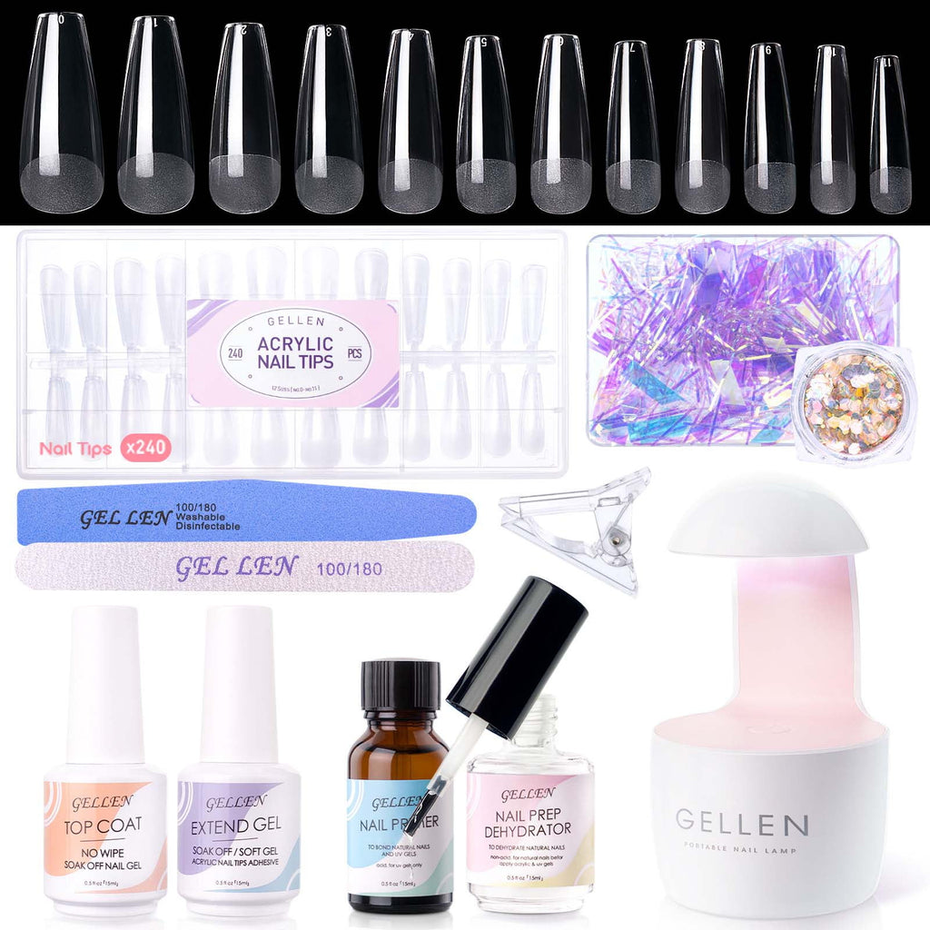 Gellen Gel Nail Kit, Nail Tips and Glue Gel Kit with Base & Top Coat & 5 In 1 Nail Glue Gel, 240Pcs Full Matte Almond Fake Nails Tips and UV Nail Lamp, Fast False Nails Extension Manicure Set