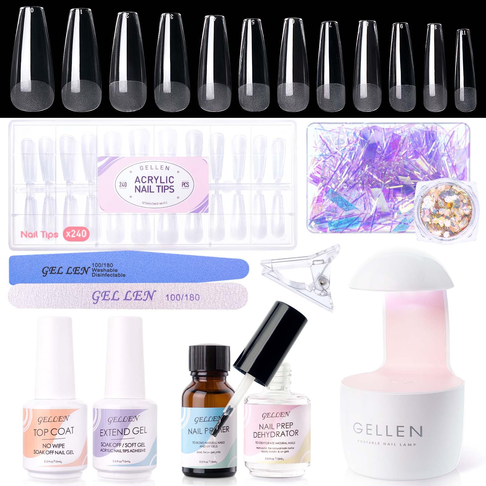 Gellen Gel Nail Kit, Nail Tips and Glue Gel Kit with Base & Top Coat & 5 In 1 Nail Glue Gel, 240Pcs Full Matte Almond Fake Nails Tips and UV Nail Lamp, Fast False Nails Extension Manicure Set