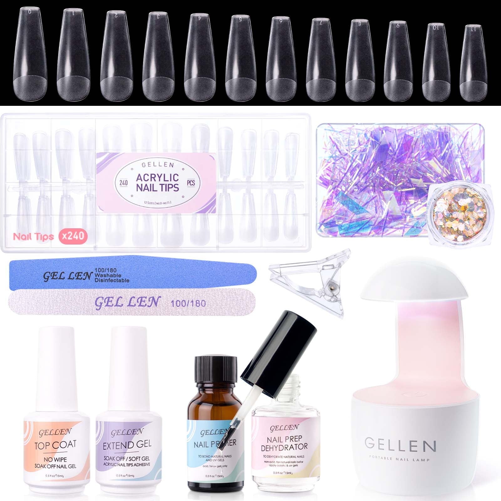 Gellen Gel Nail Kit, Nail Tips and Glue Gel Kit with Base & Top Coat & 5 In 1 Nail Glue Gel, 240Pcs Full Matte Almond Fake Nails Tips and UV Nail Lamp, Fast False Nails Extension Manicure Set