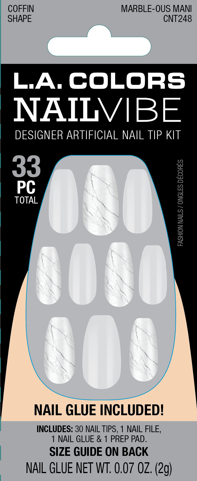 L.A. COLORS Nail Frill Artificial Nail Tips, Marble-ous Mani, 33 Pieces
