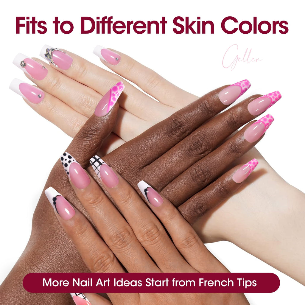 Gellen French Tips Press on Nails - 150 Pcs Pink Almond, Salon Acrylic Press on Nails Soft Gel Nail Tips, 15 Sizes Fake Nails 3 in 1 Pre-french French Tips Full Cover Tips for Nail Art