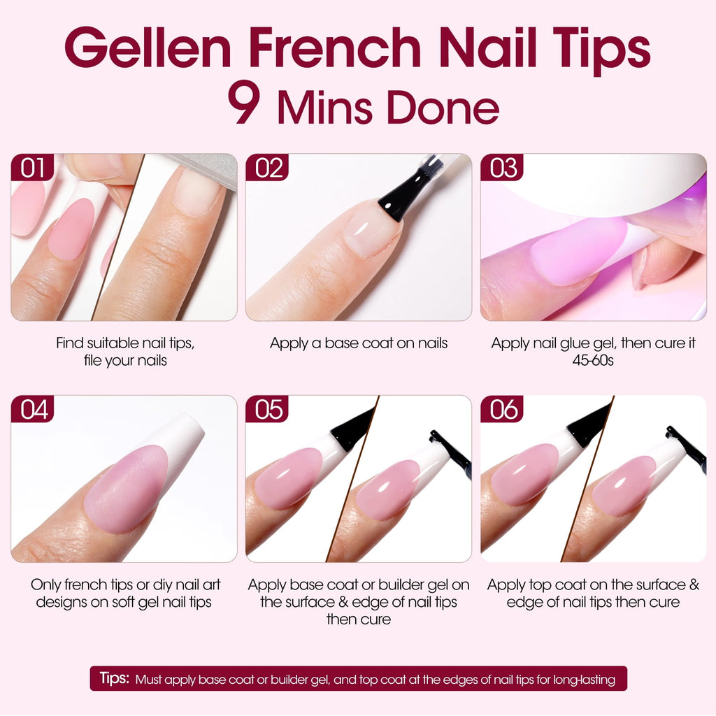 Gellen French Tips Press on Nails - 150 Pcs Pink Almond, Salon Acrylic Press on Nails Soft Gel Nail Tips, 15 Sizes Fake Nails 3 in 1 Pre-french French Tips Full Cover Tips for Nail Art